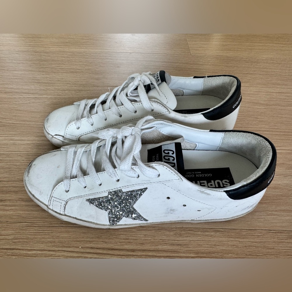 Golden Goose Superstar White Sneakers with Silver Glitter Star